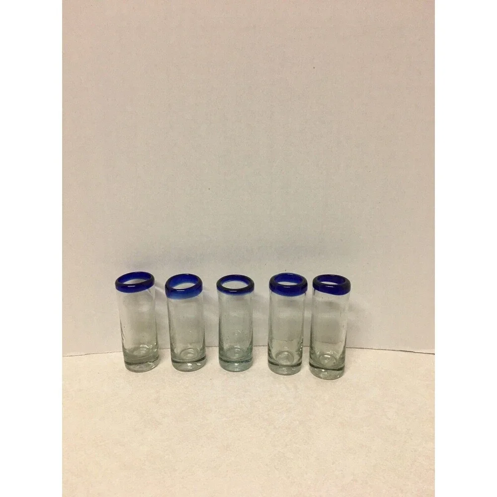 5 Mexican  Hand Blown Cobalt Blue Rim Tequila Shot Glasses Liquor